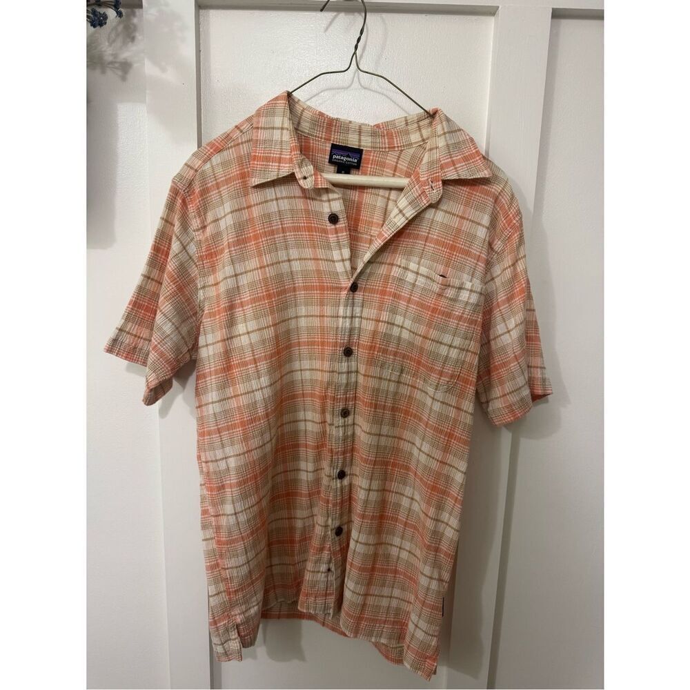 Patagonia Short-Sleeve Plaid Button-Down in Peach and Cream